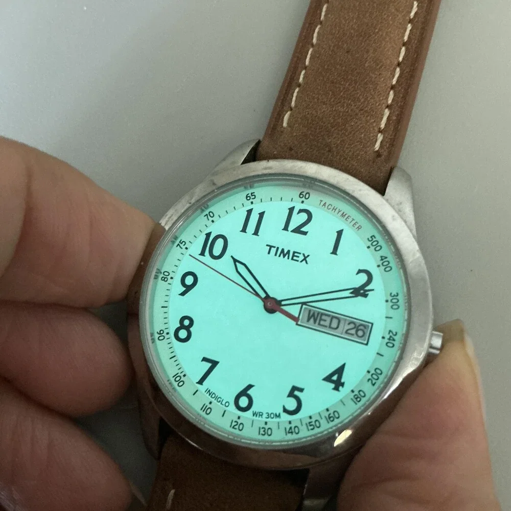 Timex Indiglo Mens Watch 36mm White Dial Brown Leather Day Date New Battery